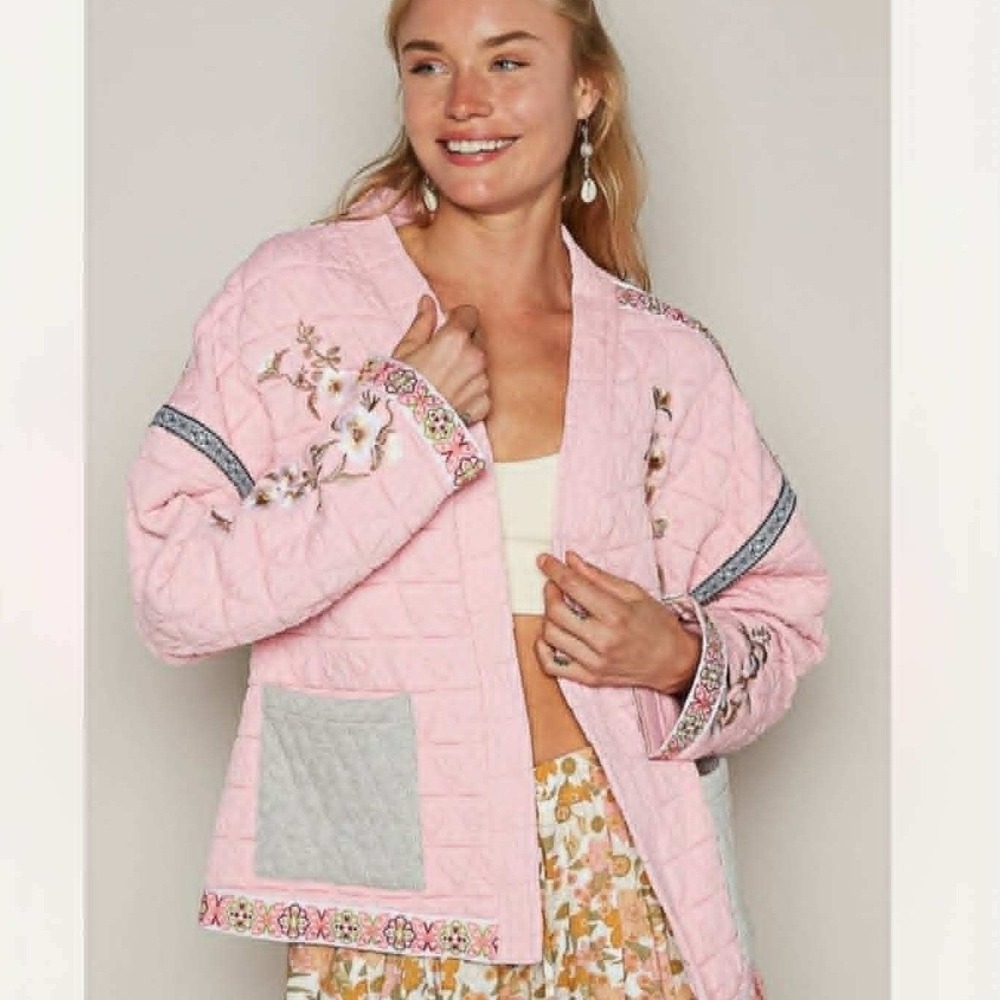 POL Large Quilted Granny Floral Embroidered Open Front Cardigan Boho Pockets